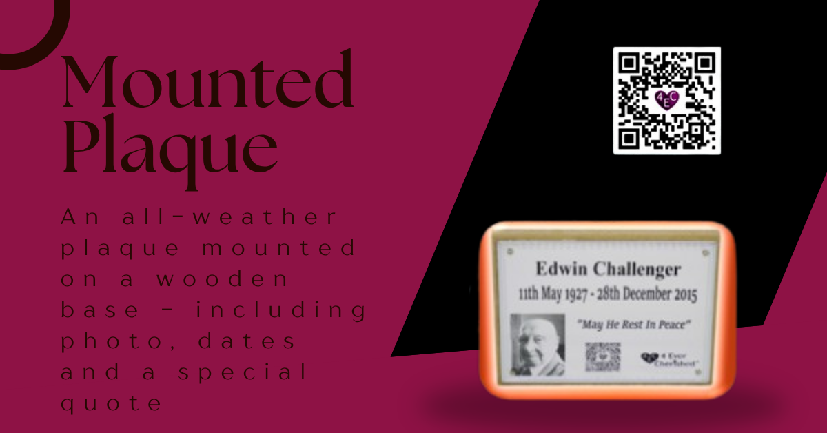 Mounted Plaque - an all-weather plaque mounted on a wooden base - including photo, dates and a special quote
